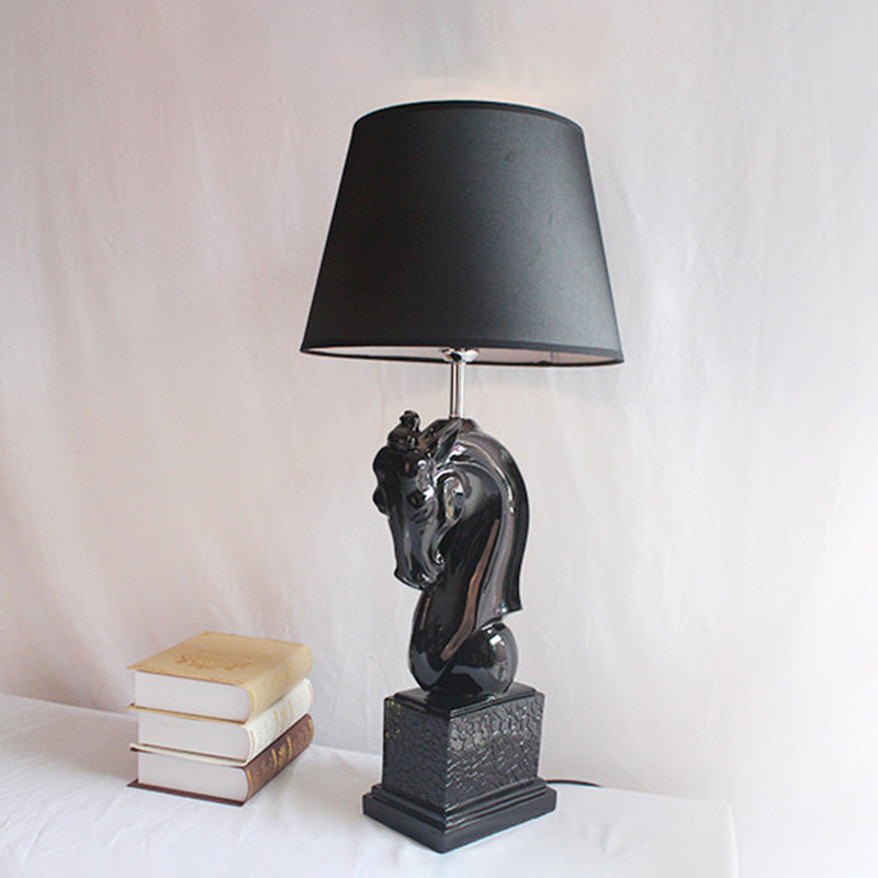 Resin Black/White Night Lamp Steed Head Single Bulb Rural Table Light with Cone Fabric Shade Black Clearhalo 'Lamps' 'Table Lamps' Lighting' 786060