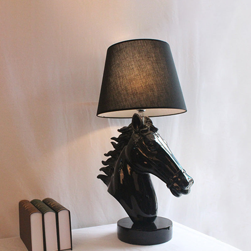 Polished Gold/Black Steed Head Night Light Farmhouse Resin 1-Light Bedside Table Lamp with Tapered Shade Black Clearhalo 'Lamps' 'Table Lamps' Lighting' 786068