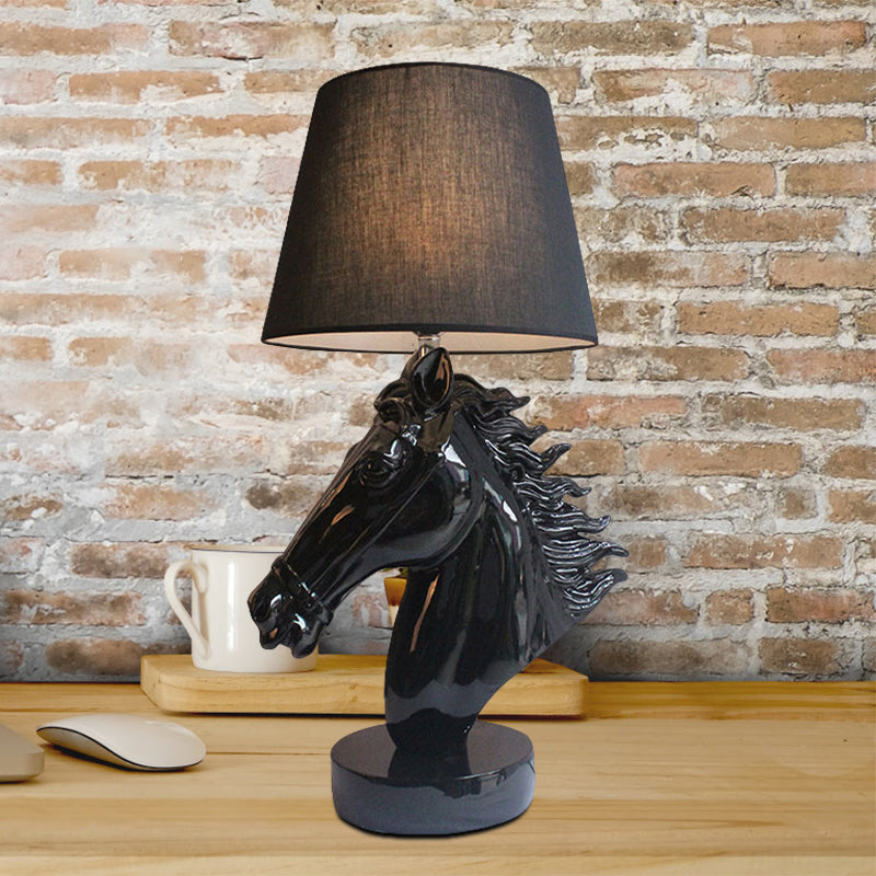 Polished Gold/Black Steed Head Night Light Farmhouse Resin 1-Light Bedside Table Lamp with Tapered Shade Clearhalo 'Lamps' 'Table Lamps' Lighting' 786069