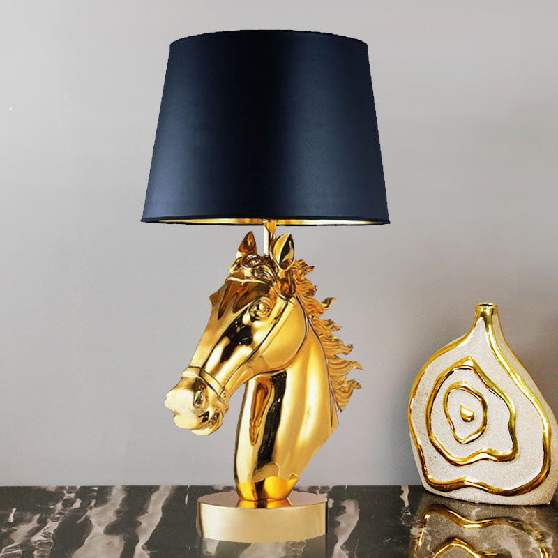 Polished Gold/Black Steed Head Night Light Farmhouse Resin 1-Light Bedside Table Lamp with Tapered Shade Gold Clearhalo 'Lamps' 'Table Lamps' Lighting' 786072