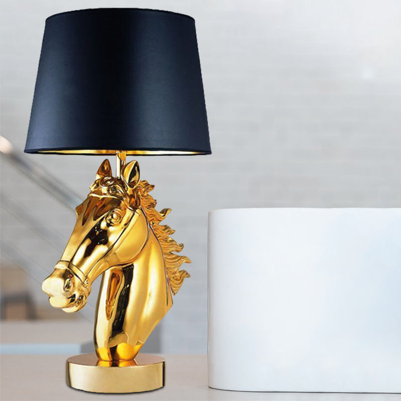 Polished Gold/Black Steed Head Night Light Farmhouse Resin 1-Light Bedside Table Lamp with Tapered Shade Clearhalo 'Lamps' 'Table Lamps' Lighting' 786073