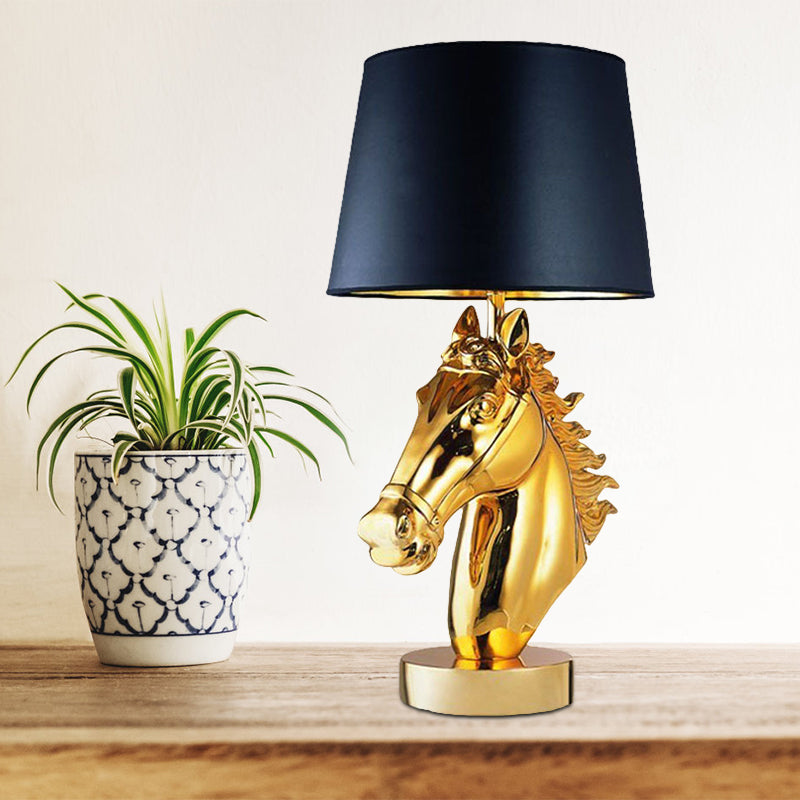 Polished Gold/Black Steed Head Night Light Farmhouse Resin 1-Light Bedside Table Lamp with Tapered Shade Clearhalo 'Lamps' 'Table Lamps' Lighting' 786074