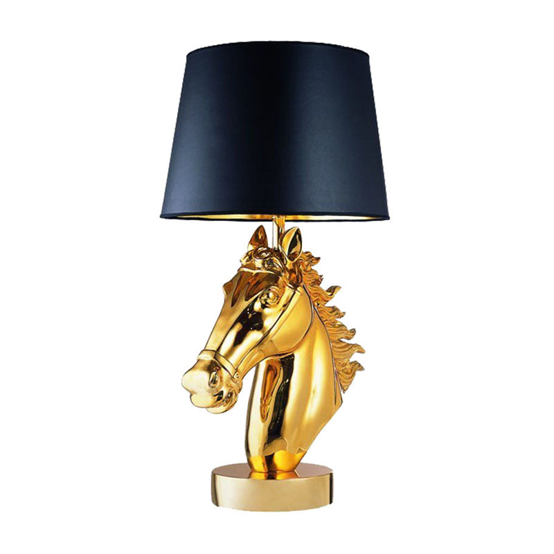 Polished Gold/Black Steed Head Night Light Farmhouse Resin 1-Light Bedside Table Lamp with Tapered Shade Clearhalo 'Lamps' 'Table Lamps' Lighting' 786075