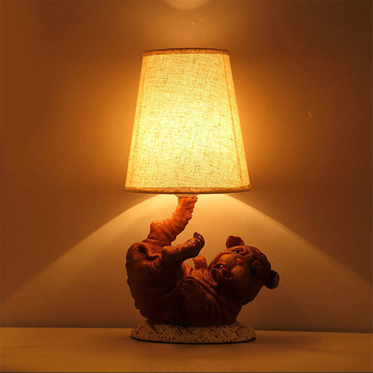 Resin Shar-Pei Dog Table Light Rural 1 Light Bedroom Nightstand Light in Brown with Cone Fabric Shade Brown Clearhalo 'Lamps' 'Table Lamps' Lighting' 786076
