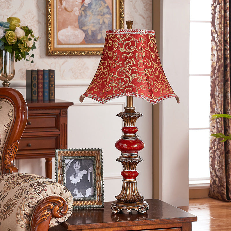Retro Scallop-Edge Flared Table Light 1 Bulb Swirl Patterned Fabric Night Lamp in Red Red Clearhalo 'Lamps' 'Table Lamps' Lighting' 786100