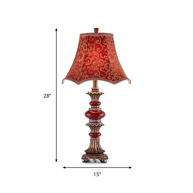 Retro Scallop-Edge Flared Table Light 1 Bulb Swirl Patterned Fabric Night Lamp in Red Clearhalo 'Lamps' 'Table Lamps' Lighting' 786103