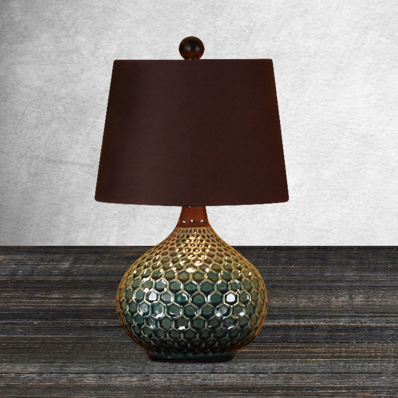 Tapered Drum Fabric Night Lamp Retro 1-Light Living Room Table Light in White/Coffee with Onion Ceramic Base Coffee Clearhalo 'Lamps' 'Table Lamps' Lighting' 786108