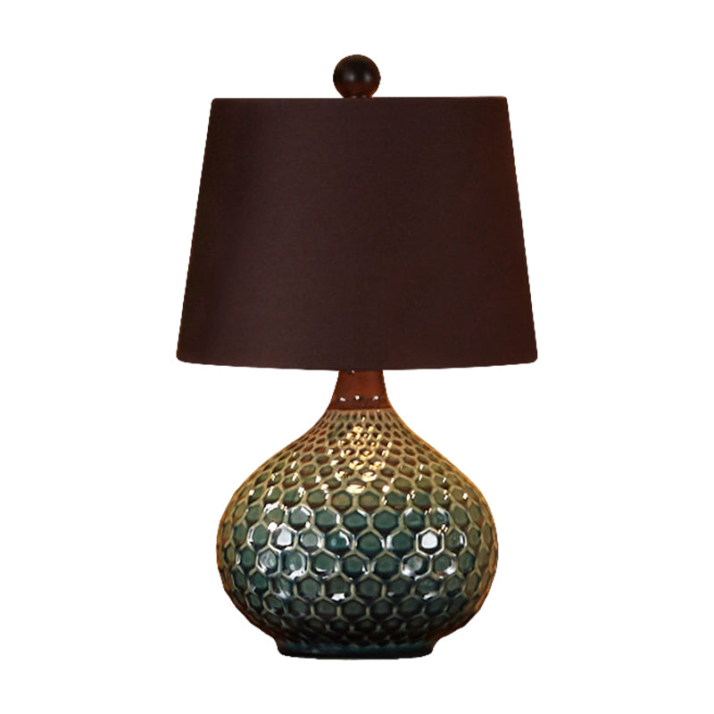 Tapered Drum Fabric Night Lamp Retro 1-Light Living Room Table Light in White/Coffee with Onion Ceramic Base Clearhalo 'Lamps' 'Table Lamps' Lighting' 786110