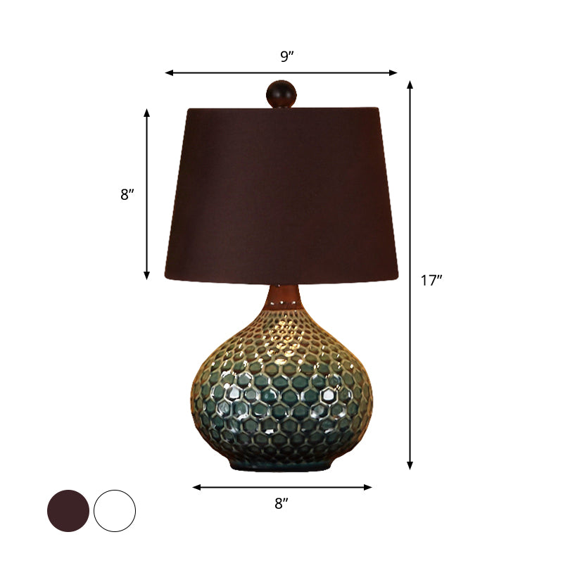 Tapered Drum Fabric Night Lamp Retro 1-Light Living Room Table Light in White/Coffee with Onion Ceramic Base Clearhalo 'Lamps' 'Table Lamps' Lighting' 786111
