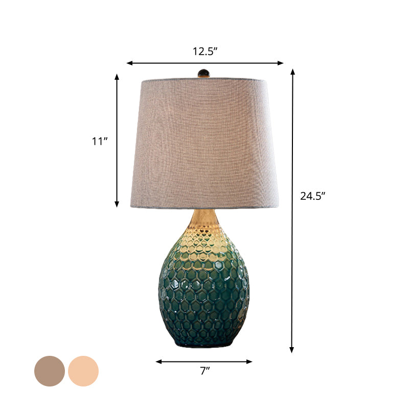 Fabric Silver Grey/Beige Table Lighting Barrel 1 Head Rustic Night Stand Lamp with Oval Ceramic Pedestal Clearhalo 'Lamps' 'Table Lamps' Lighting' 786119