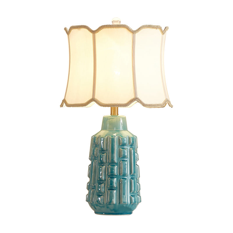 Fabric Scalloped Bell/Drum Table Lamp Vintage 1 Bulb Parlor Nightstand Light with Ceramic Pot Base in Blue Clearhalo 'Lamps' 'Table Lamps' Lighting' 786126