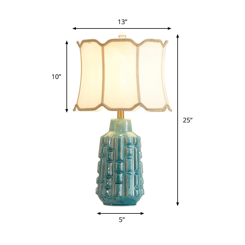 Fabric Scalloped Bell/Drum Table Lamp Vintage 1 Bulb Parlor Nightstand Light with Ceramic Pot Base in Blue Clearhalo 'Lamps' 'Table Lamps' Lighting' 786127
