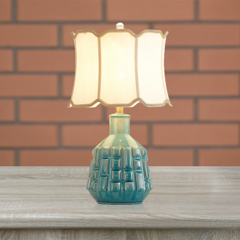Fabric Scalloped Bell/Drum Table Lamp Vintage 1 Bulb Parlor Nightstand Light with Ceramic Pot Base in Blue Clearhalo 'Lamps' 'Table Lamps' Lighting' 786130