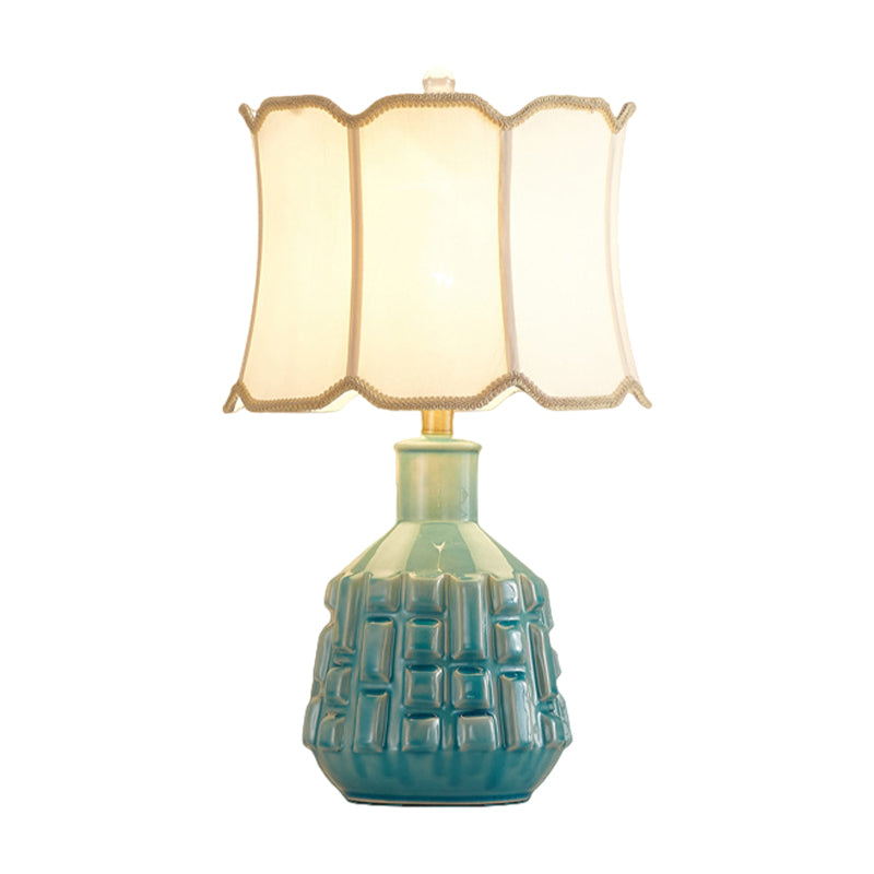 Fabric Scalloped Bell/Drum Table Lamp Vintage 1 Bulb Parlor Nightstand Light with Ceramic Pot Base in Blue Clearhalo 'Lamps' 'Table Lamps' Lighting' 786131