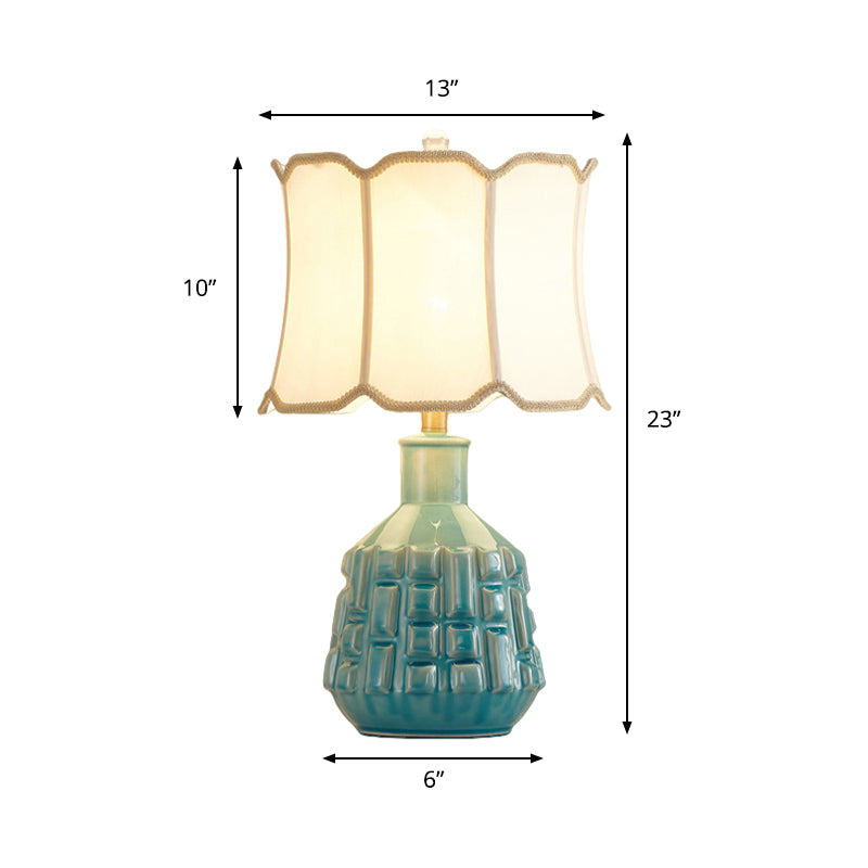 Fabric Scalloped Bell/Drum Table Lamp Vintage 1 Bulb Parlor Nightstand Light with Ceramic Pot Base in Blue Clearhalo 'Lamps' 'Table Lamps' Lighting' 786132