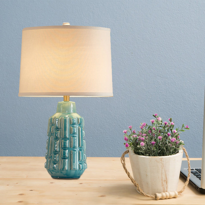 Fabric Scalloped Bell/Drum Table Lamp Vintage 1 Bulb Parlor Nightstand Light with Ceramic Pot Base in Blue Blue Drum B Clearhalo 'Lamps' 'Table Lamps' Lighting' 786133