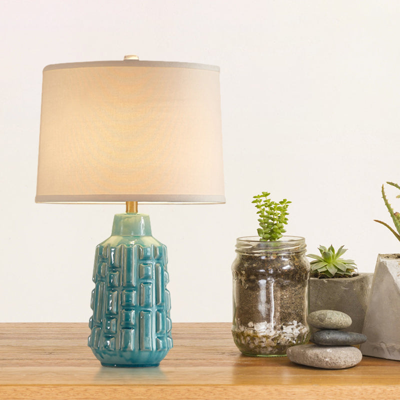 Fabric Scalloped Bell/Drum Table Lamp Vintage 1 Bulb Parlor Nightstand Light with Ceramic Pot Base in Blue Clearhalo 'Lamps' 'Table Lamps' Lighting' 786134