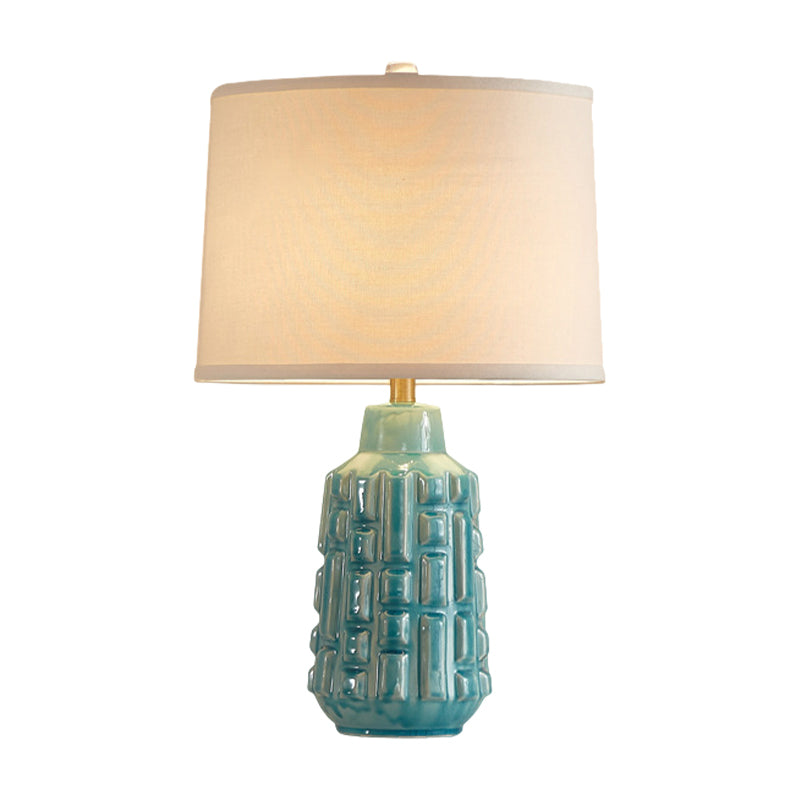 Fabric Scalloped Bell/Drum Table Lamp Vintage 1 Bulb Parlor Nightstand Light with Ceramic Pot Base in Blue Clearhalo 'Lamps' 'Table Lamps' Lighting' 786136