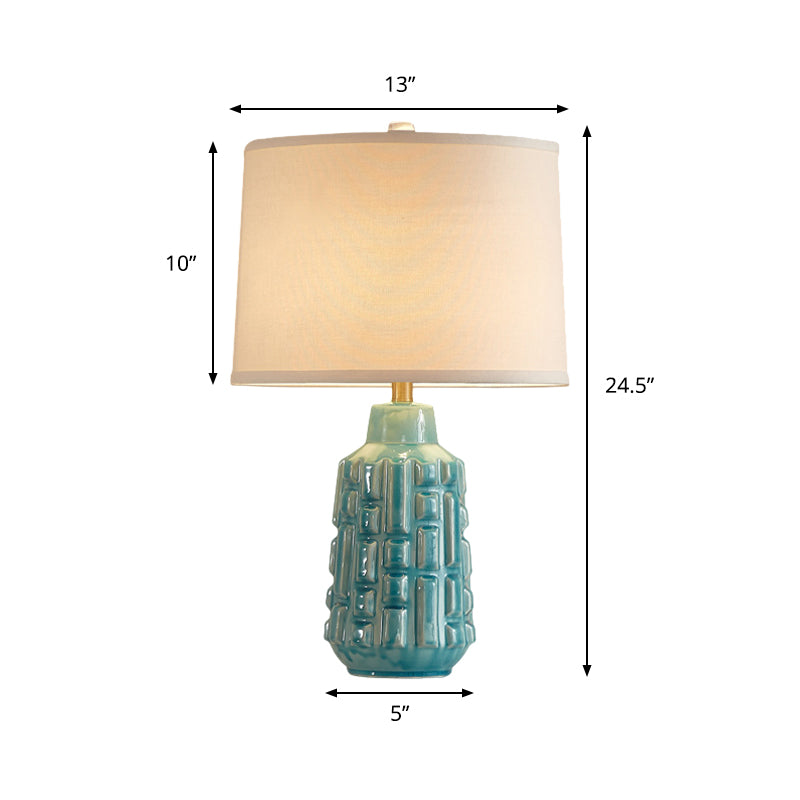 Fabric Scalloped Bell/Drum Table Lamp Vintage 1 Bulb Parlor Nightstand Light with Ceramic Pot Base in Blue Clearhalo 'Lamps' 'Table Lamps' Lighting' 786137