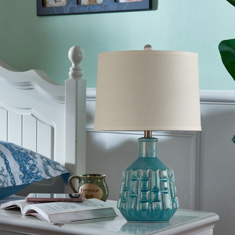 Fabric Scalloped Bell/Drum Table Lamp Vintage 1 Bulb Parlor Nightstand Light with Ceramic Pot Base in Blue Blue Drum A Clearhalo 'Lamps' 'Table Lamps' Lighting' 786138