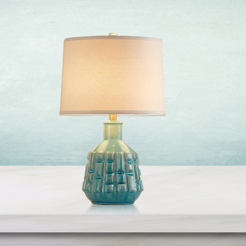 Fabric Scalloped Bell/Drum Table Lamp Vintage 1 Bulb Parlor Nightstand Light with Ceramic Pot Base in Blue Clearhalo 'Lamps' 'Table Lamps' Lighting' 786140