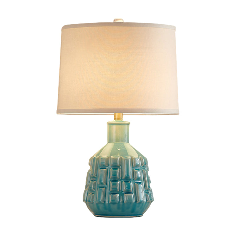 Fabric Scalloped Bell/Drum Table Lamp Vintage 1 Bulb Parlor Nightstand Light with Ceramic Pot Base in Blue Clearhalo 'Lamps' 'Table Lamps' Lighting' 786141