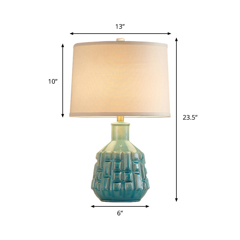 Fabric Scalloped Bell/Drum Table Lamp Vintage 1 Bulb Parlor Nightstand Light with Ceramic Pot Base in Blue Clearhalo 'Lamps' 'Table Lamps' Lighting' 786142