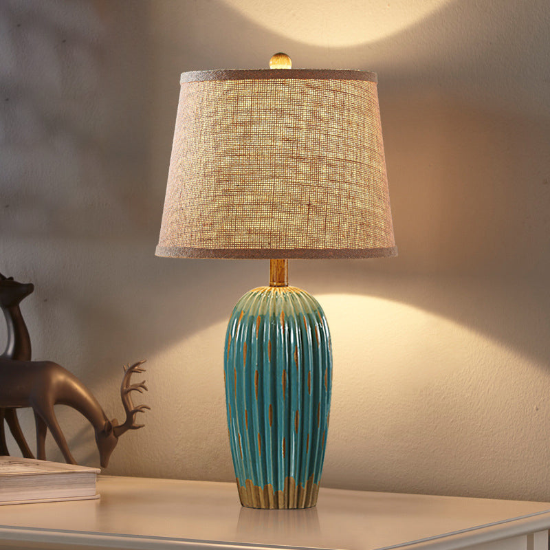 Red/Blue 1-Light Nightstand Lamp Rural Ceramic Ribbed Pottery Table Light with Tapered Drum Fabric Shade Blue A Clearhalo 'Lamps' 'Table Lamps' Lighting' 786143