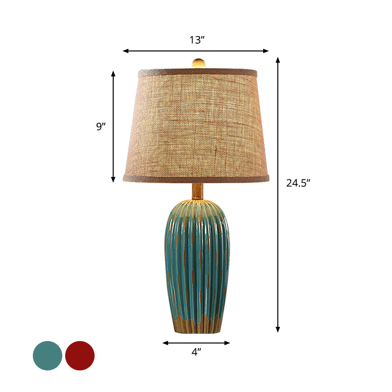 Red/Blue 1-Light Nightstand Lamp Rural Ceramic Ribbed Pottery Table Light with Tapered Drum Fabric Shade Clearhalo 'Lamps' 'Table Lamps' Lighting' 786146