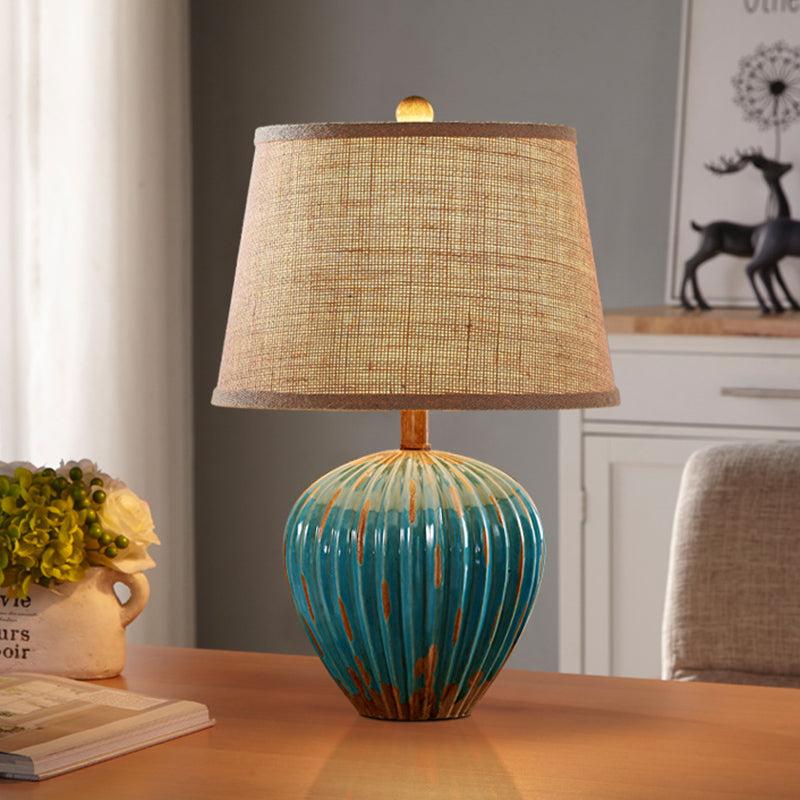 Red/Blue 1-Light Nightstand Lamp Rural Ceramic Ribbed Pottery Table Light with Tapered Drum Fabric Shade Clearhalo 'Lamps' 'Table Lamps' Lighting' 786148