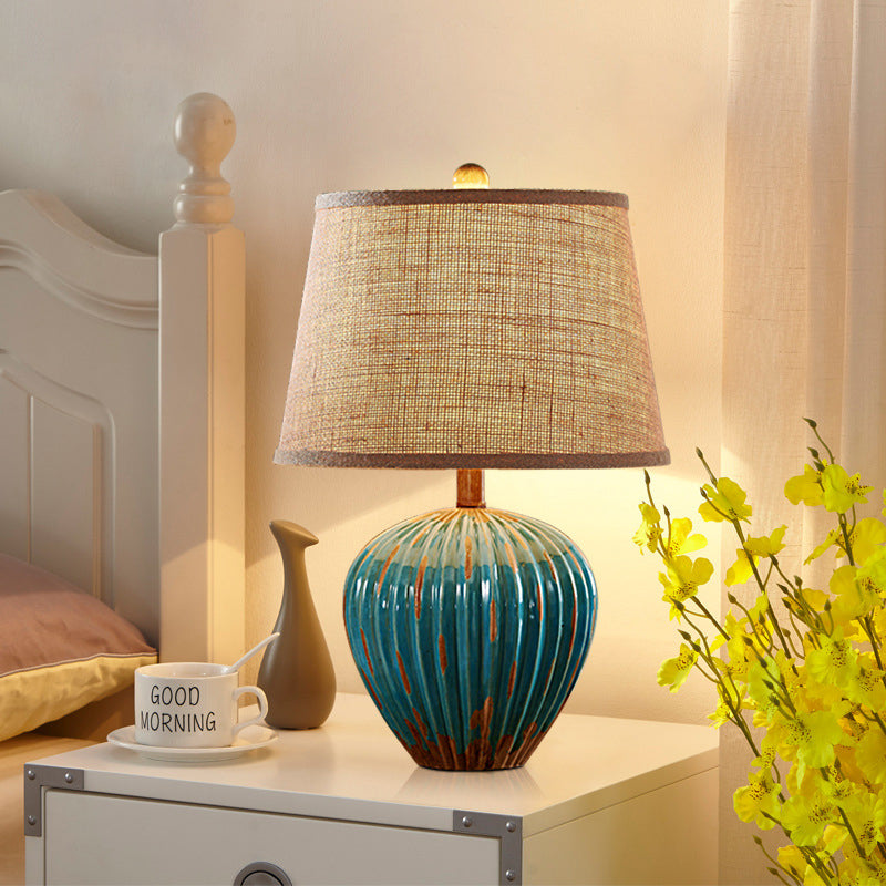 Red/Blue 1-Light Nightstand Lamp Rural Ceramic Ribbed Pottery Table Light with Tapered Drum Fabric Shade Clearhalo 'Lamps' 'Table Lamps' Lighting' 786149