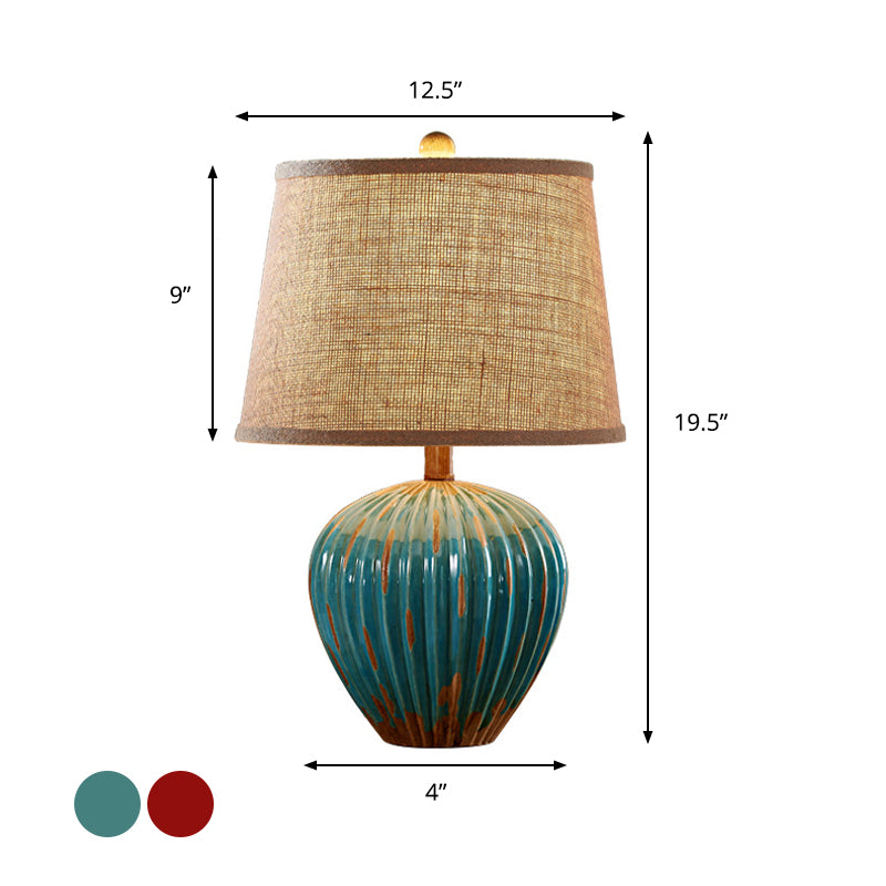 Red/Blue 1-Light Nightstand Lamp Rural Ceramic Ribbed Pottery Table Light with Tapered Drum Fabric Shade Clearhalo 'Lamps' 'Table Lamps' Lighting' 786151
