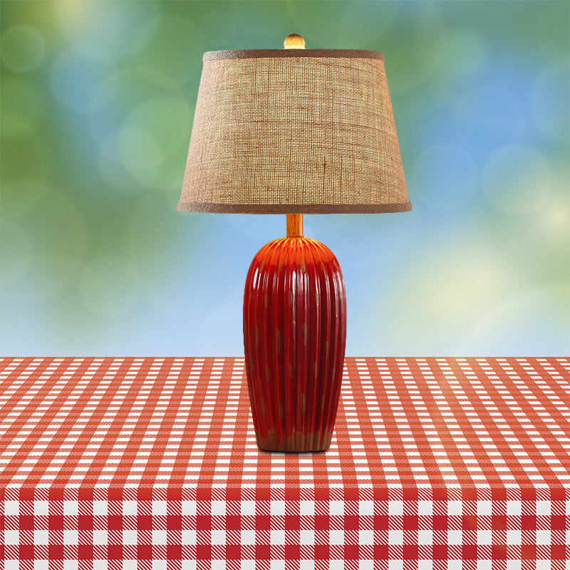 Red/Blue 1-Light Nightstand Lamp Rural Ceramic Ribbed Pottery Table Light with Tapered Drum Fabric Shade Clearhalo 'Lamps' 'Table Lamps' Lighting' 786153