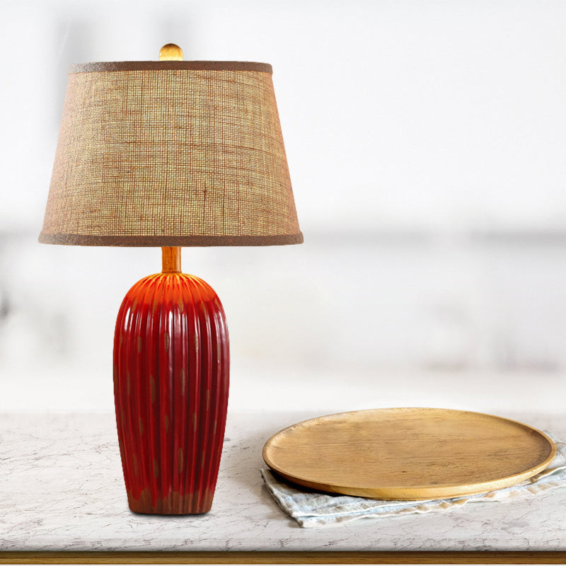Red/Blue 1-Light Nightstand Lamp Rural Ceramic Ribbed Pottery Table Light with Tapered Drum Fabric Shade Clearhalo 'Lamps' 'Table Lamps' Lighting' 786154
