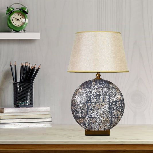 Fabric Beige Table Light Tapered 1 Head Living Room Nightstand Lamp with Distressed Round Base Beige Clearhalo 'Lamps' 'Table Lamps' Lighting' 786216