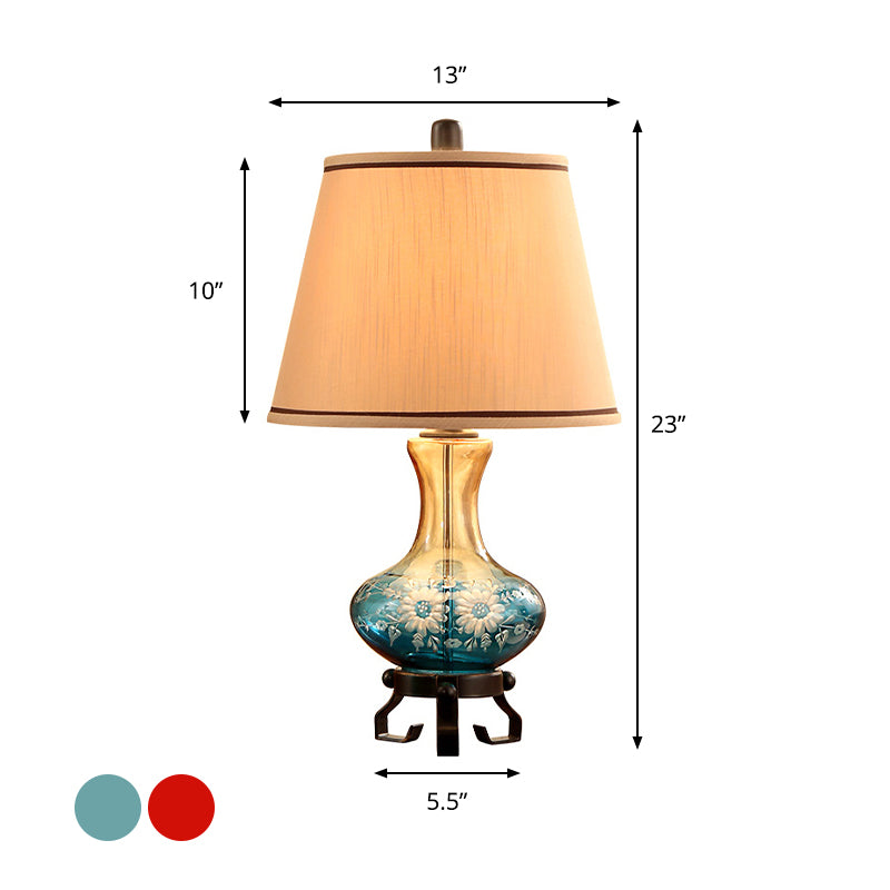 Ceramic Flower Patterned Vase Table Lamp Retro 1 Head Sitting Room Night Stand Light in Blue/Red with Cone Fabric Shade Clearhalo 'Lamps' 'Table Lamps' Lighting' 786263