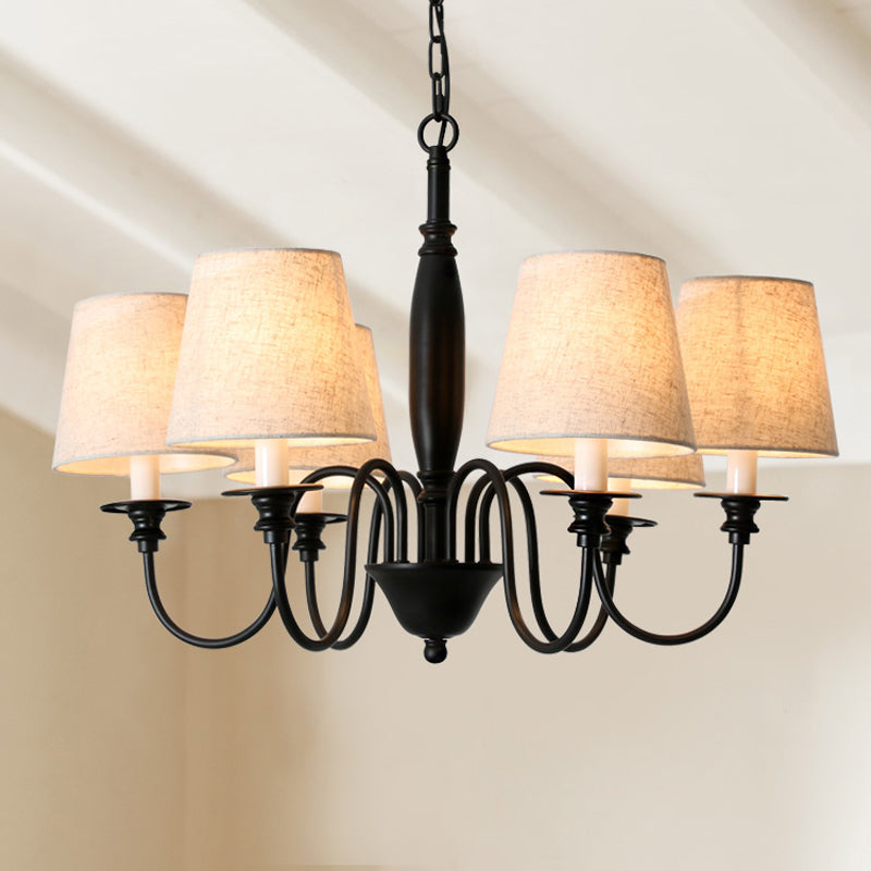 Black 6 Heads Chandelier Lighting Country Fabric Tapered Hanging Pendant Light with Swooping Arm Clearhalo 'Ceiling Lights' 'Chandeliers' Lighting' options 786276