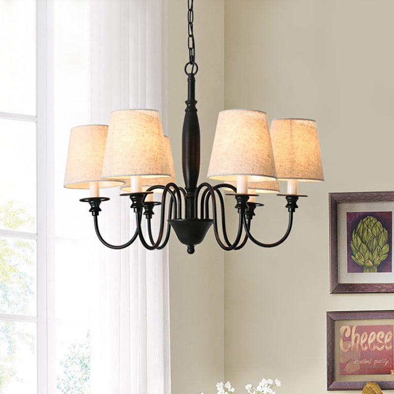 Black 6 Heads Chandelier Lighting Country Fabric Tapered Hanging Pendant Light with Swooping Arm Clearhalo 'Ceiling Lights' 'Chandeliers' Lighting' options 786277