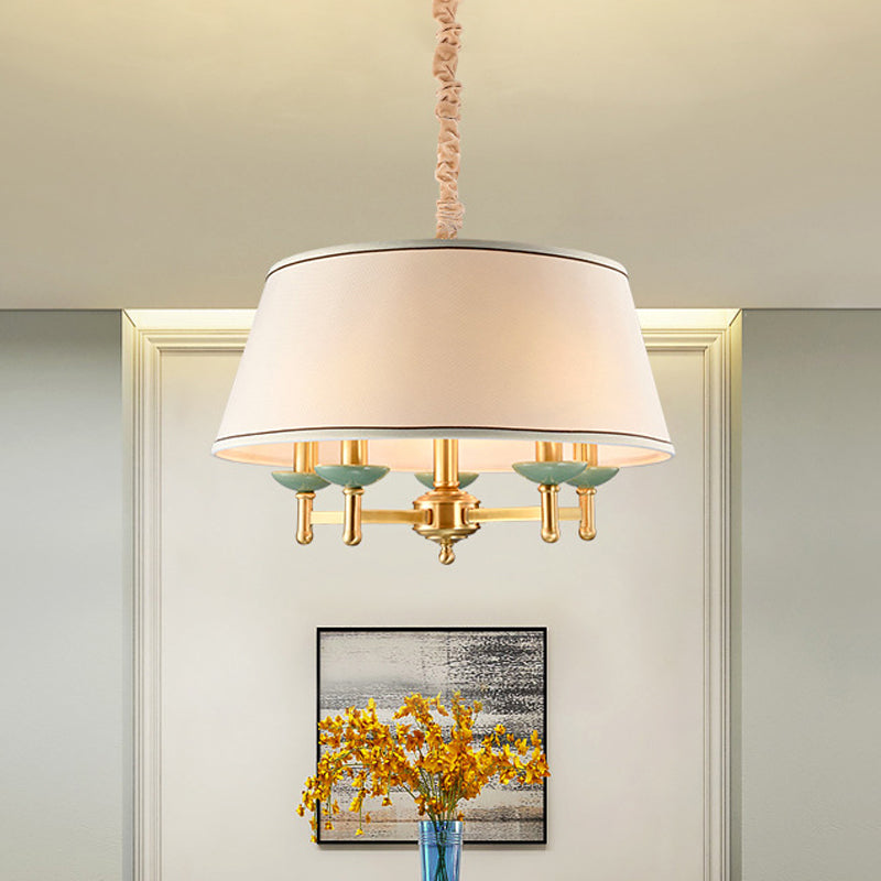 5 Lights Fabric Chandelier Light Fixture Classic White Drum Shade Dining Room Hanging Lamp Kit White Clearhalo 'Ceiling Lights' 'Chandeliers' Lighting' options 786280_d7cdaa64-10ae-498b-9a40-0be1e73bf074