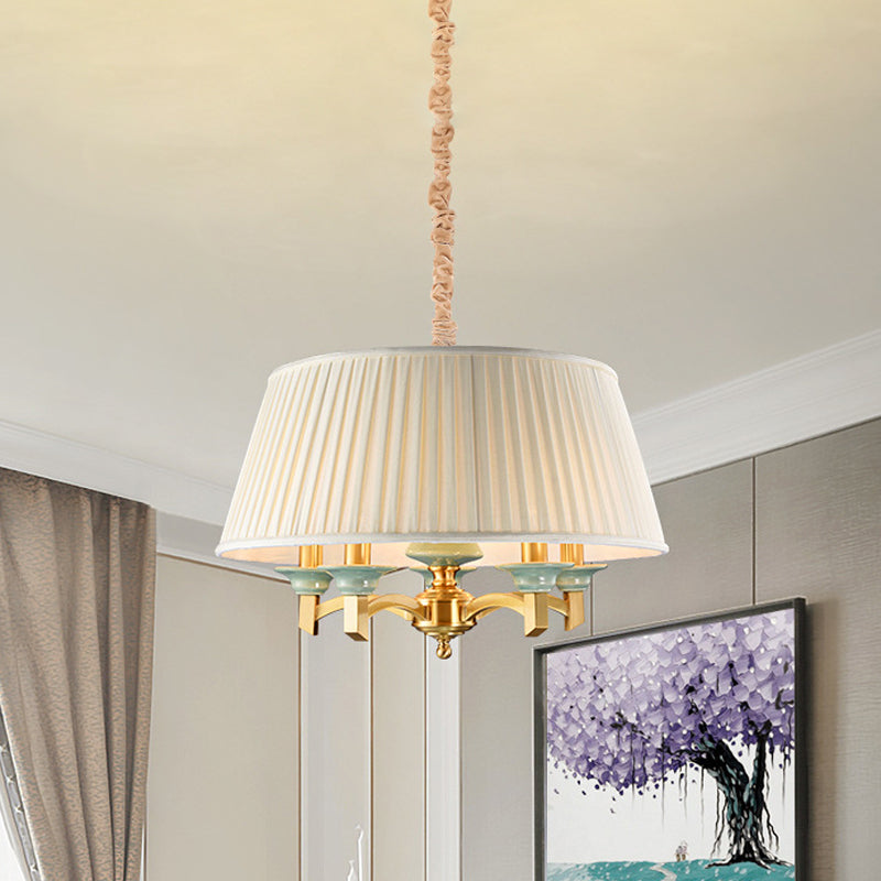 Tapered Drum Dining Room Chandelier Traditional Fabric 5-Head Brass Finish Hanging Ceiling Light Clearhalo 'Ceiling Lights' 'Chandeliers' Lighting' options 786284