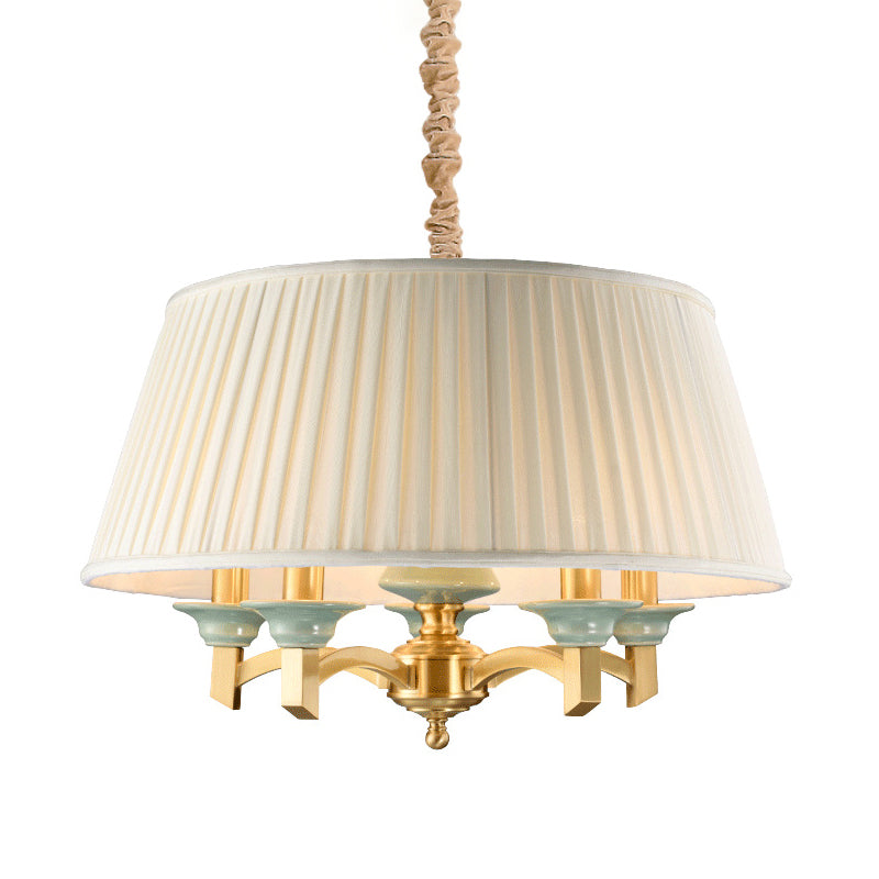 Tapered Drum Dining Room Chandelier Traditional Fabric 5-Head Brass Finish Hanging Ceiling Light Clearhalo 'Ceiling Lights' 'Chandeliers' Lighting' options 786286