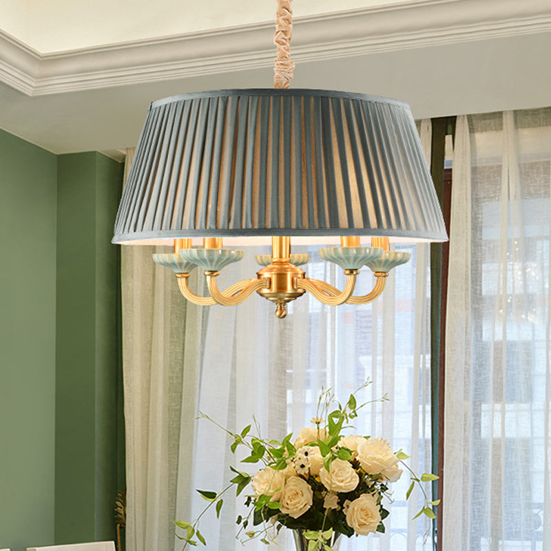 Brass Pleated Drum Chandelier Lighting Rustic Fabric 5 Heads Dining Room Hanging Pendant Light Brass Clearhalo 'Ceiling Lights' 'Chandeliers' Lighting' options 786288_f187fca3-565a-424c-aa7b-23560773996e