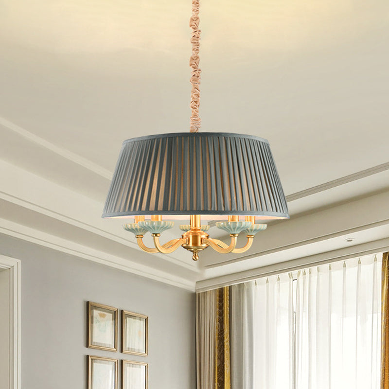 Brass Pleated Drum Chandelier Lighting Rustic Fabric 5 Heads Dining Room Hanging Pendant Light Clearhalo 'Ceiling Lights' 'Chandeliers' Lighting' options 786289