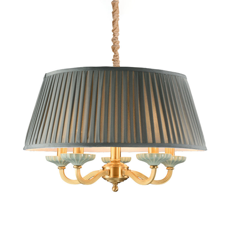 Brass Pleated Drum Chandelier Lighting Rustic Fabric 5 Heads Dining Room Hanging Pendant Light Clearhalo 'Ceiling Lights' 'Chandeliers' Lighting' options 786290