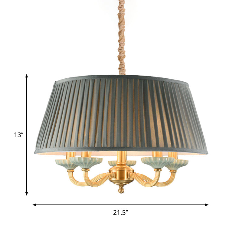 Brass Pleated Drum Chandelier Lighting Rustic Fabric 5 Heads Dining Room Hanging Pendant Light Clearhalo 'Ceiling Lights' 'Chandeliers' Lighting' options 786291