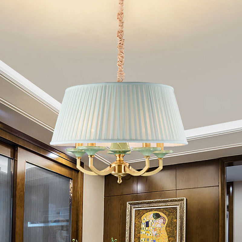 5-Bulb Chandelier Light Fixture Retro Style Pleated Shade Fabric Drop Pendant in Brass Clearhalo 'Ceiling Lights' 'Chandeliers' Lighting' options 786292