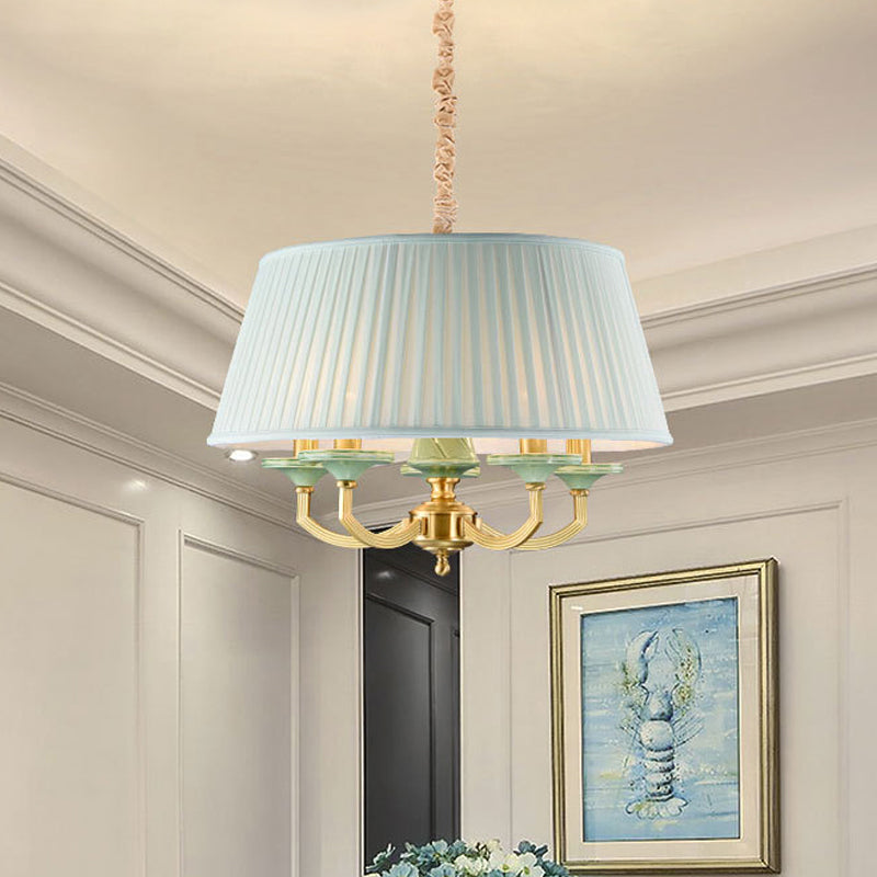 5-Bulb Chandelier Light Fixture Retro Style Pleated Shade Fabric Drop Pendant in Brass Clearhalo 'Ceiling Lights' 'Chandeliers' Lighting' options 786293