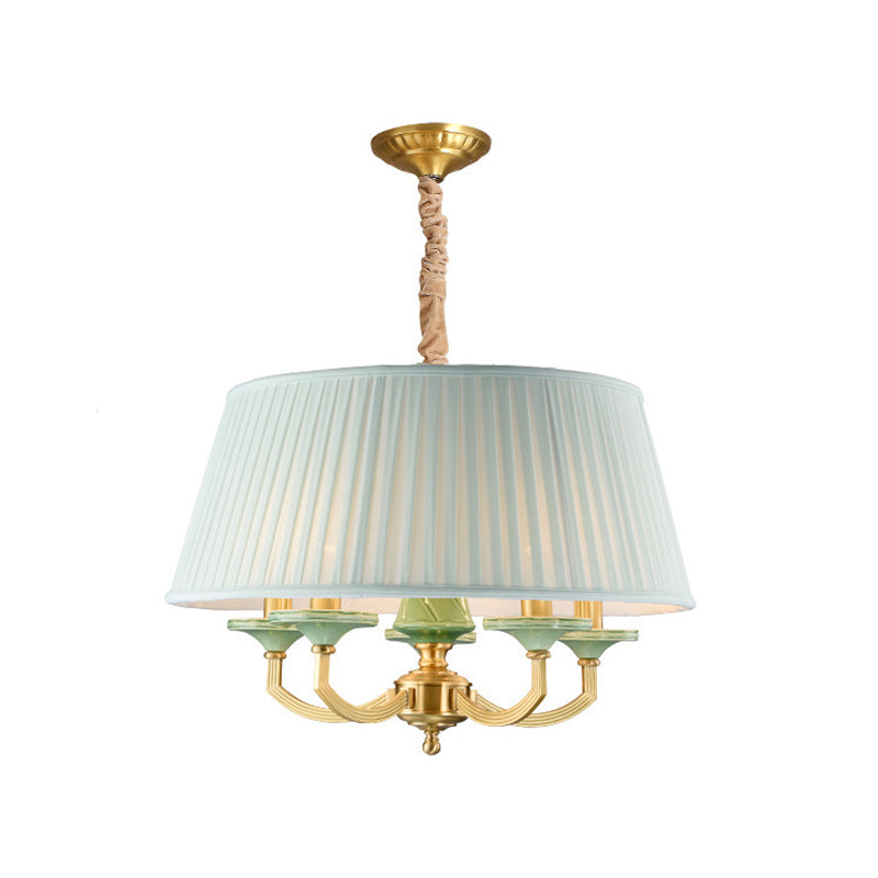 5-Bulb Chandelier Light Fixture Retro Style Pleated Shade Fabric Drop Pendant in Brass Clearhalo 'Ceiling Lights' 'Chandeliers' Lighting' options 786294