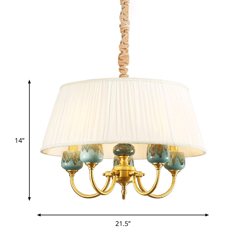 Drum Shade Fabric Hanging Lamp Rural Style 5 Lights Dining Room Chandelier Pendant Light in White Clearhalo 'Ceiling Lights' 'Chandeliers' Lighting' options 786299