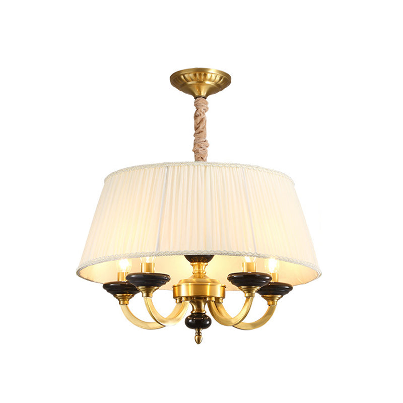 5-Bulb Drum Chandelier Countryside White Finish Fabric Pendant Lamp with Curved Arm Clearhalo 'Ceiling Lights' 'Chandeliers' Lighting' options 786301